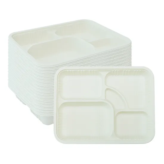 OEM Logo Plastic Cornstarch 6 Compartment Hospital Lunch Plate Food Tray Disposable Fast Food Serving Tray with Pet Lid 
