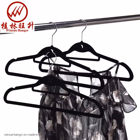 Black Velvet Clothes Hanger Flocked Plastic Hanger with Mini Hook