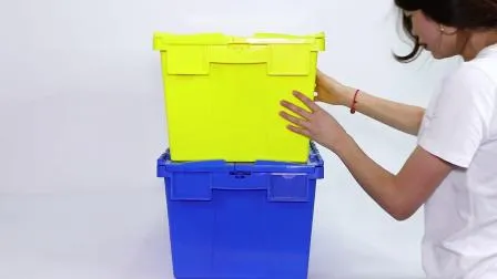 Waterproof Stackable and Nestable Plastic Moving Crate Box with Hinged Lid 