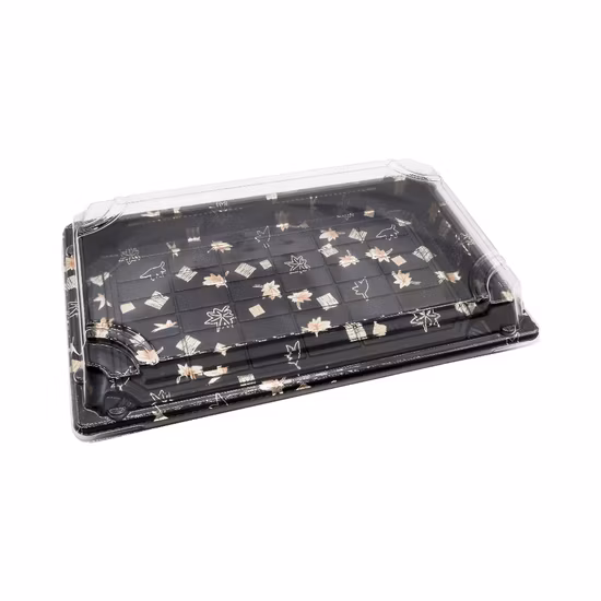 Roku Rectangle Sakura Black Plastic Food Box Takeout Sushi Tray with Clear Lid